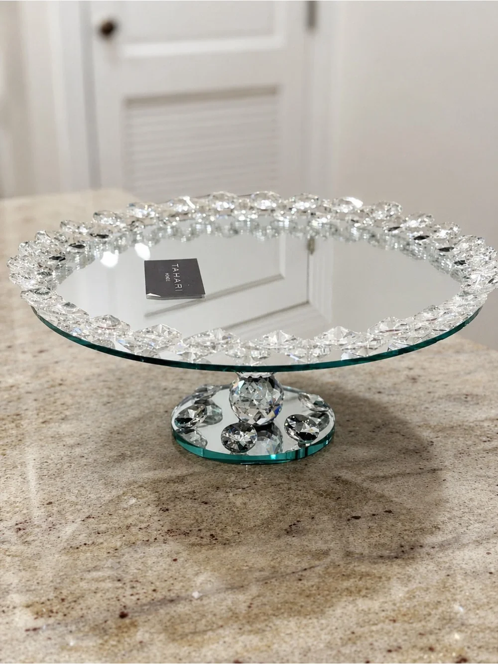 TAHARI Home Mirrored Crystal Cake Stand Pedestal Serving Tray Glam Decor